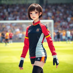 A Chinese girl with short hair wearing a sporty soccer outfit, featuring colorful accents