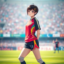 A Chinese girl with short hair wearing a sporty soccer outfit, featuring colorful accents