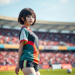 A Chinese girl with short hair wearing a sporty soccer outfit, featuring colorful accents