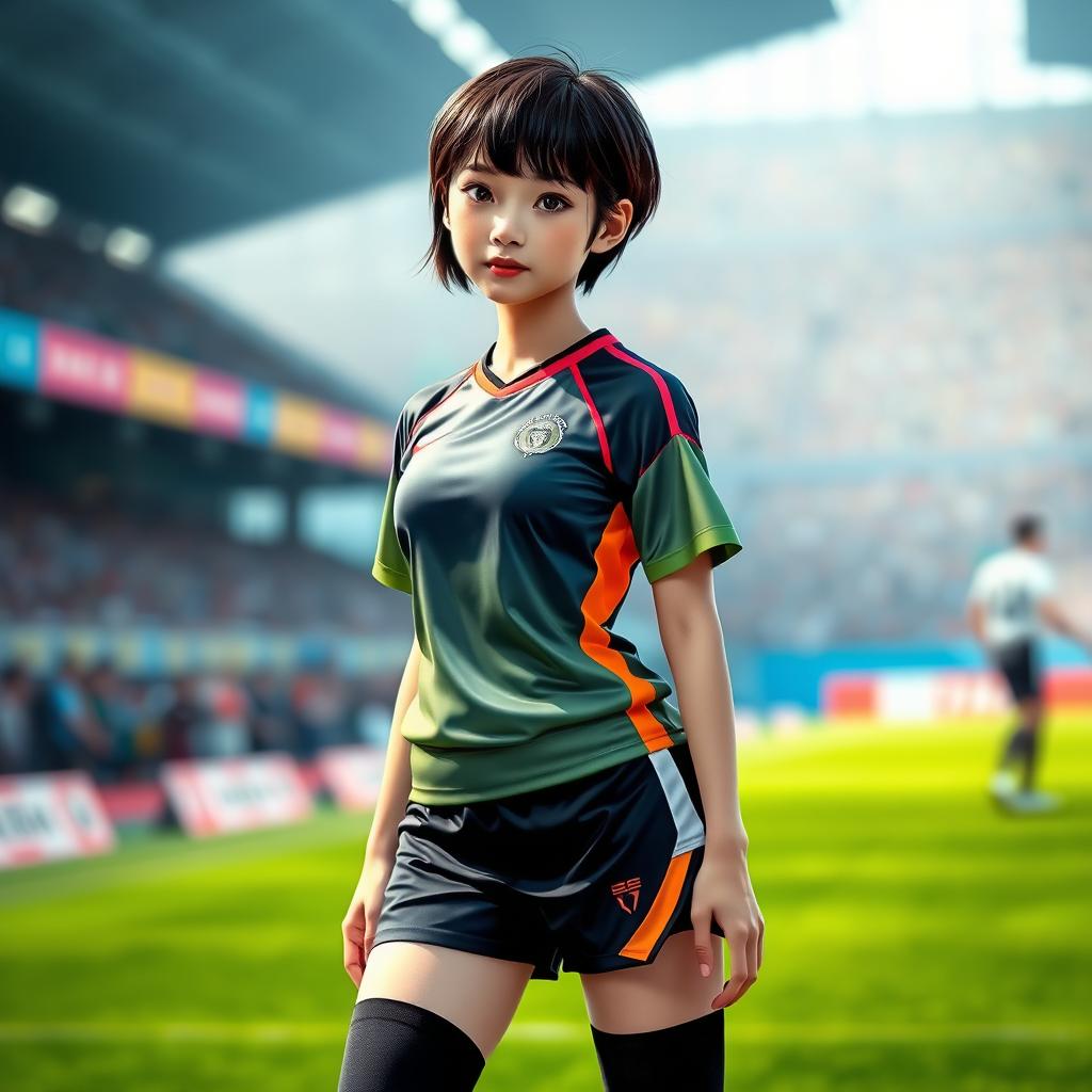 A Chinese girl with short hair wearing a sporty soccer outfit, featuring colorful accents