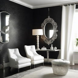 A sophisticated room with jet-black wallpaper, creating a striking contrast with shiny silver accents and plush, white furnishings