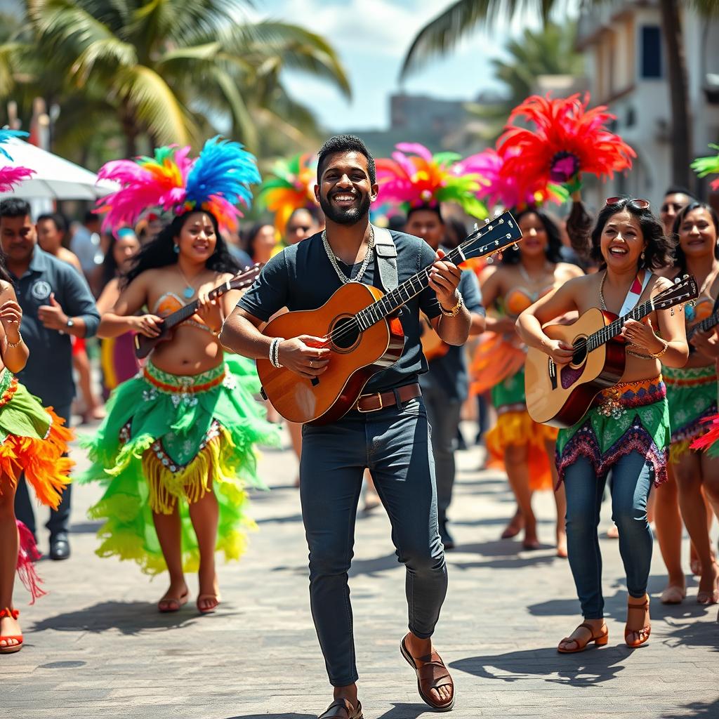 A lively samba group performing joyfully, with an emphasis on a charismatic male musician standing out in the center