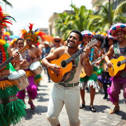 A lively samba group performing joyfully, with an emphasis on a charismatic male musician standing out in the center