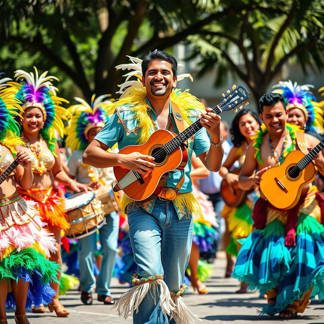 A lively samba group performing joyfully, with an emphasis on a charismatic male musician standing out in the center