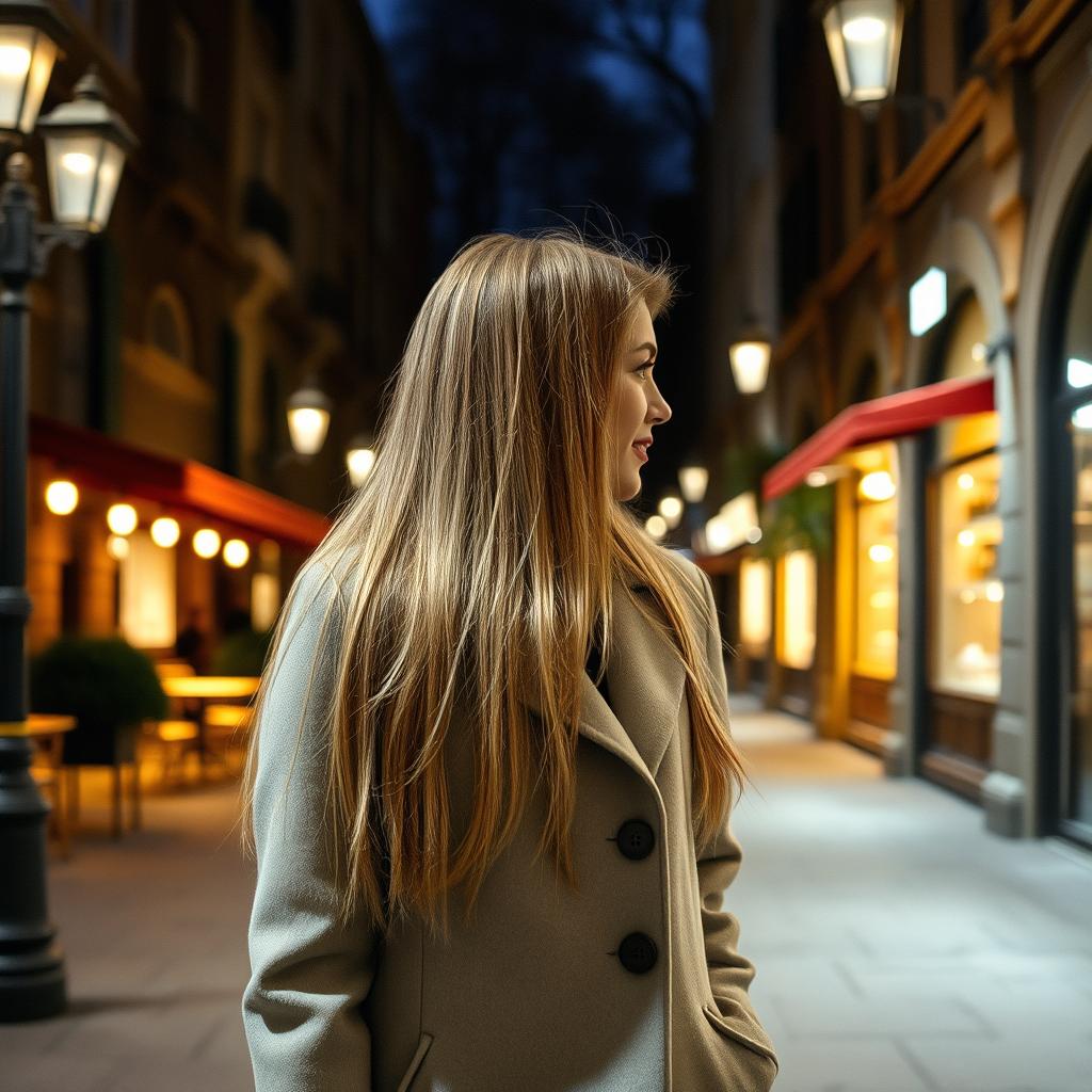 A young woman with long, neatly styled blonde hair, wearing a fashionable light gray coat, walks through an evening city scene