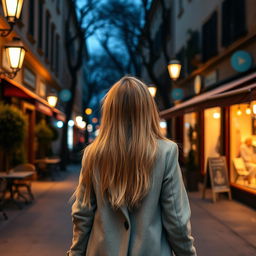 A young woman with long, neatly styled blonde hair, wearing a fashionable light gray coat, walks through an evening city scene