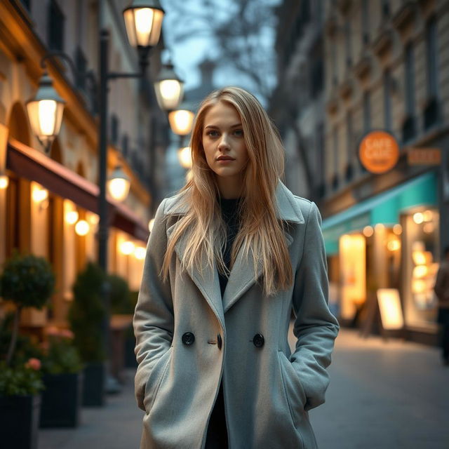 A young woman with long, neatly styled blonde hair, wearing a fashionable light gray coat, walks through an evening city scene