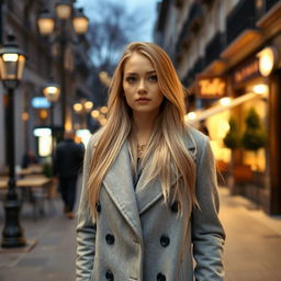 A young woman with long, neatly styled blonde hair, wearing a fashionable light gray coat, walks through an evening city scene
