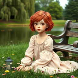 A girl with short red hair and freckles on her light skin, wearing a light summer dress in pastel shades with long sleeves