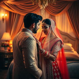 An intimate and romantic scene depicting an Indian bride on her first night, wearing a beautifully intricate red and gold wedding lehenga, adorned with traditional jewelry including heavy earrings and a maang tikka