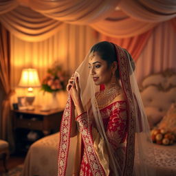 An intimate and romantic scene depicting an Indian bride on her first night, wearing a beautifully intricate red and gold wedding lehenga, adorned with traditional jewelry including heavy earrings and a maang tikka