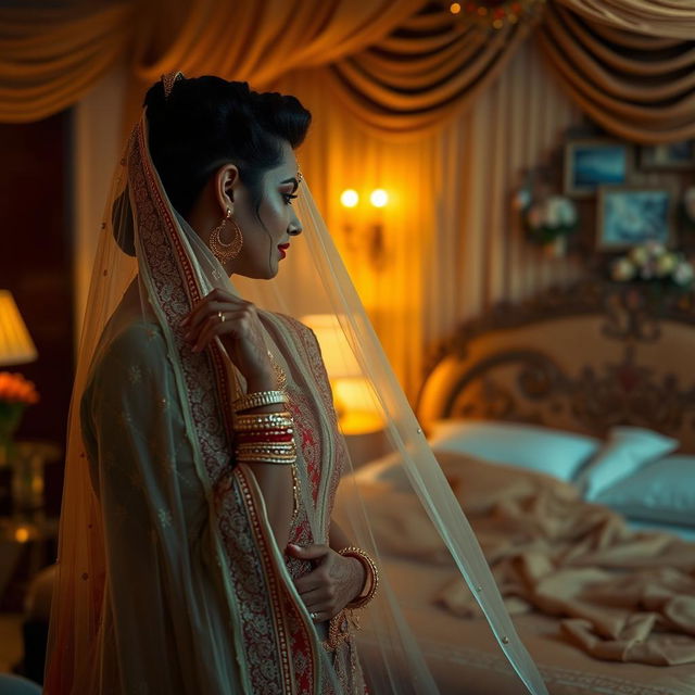 An intimate and romantic scene depicting an Indian bride on her first night, wearing a beautifully intricate red and gold wedding lehenga, adorned with traditional jewelry including heavy earrings and a maang tikka