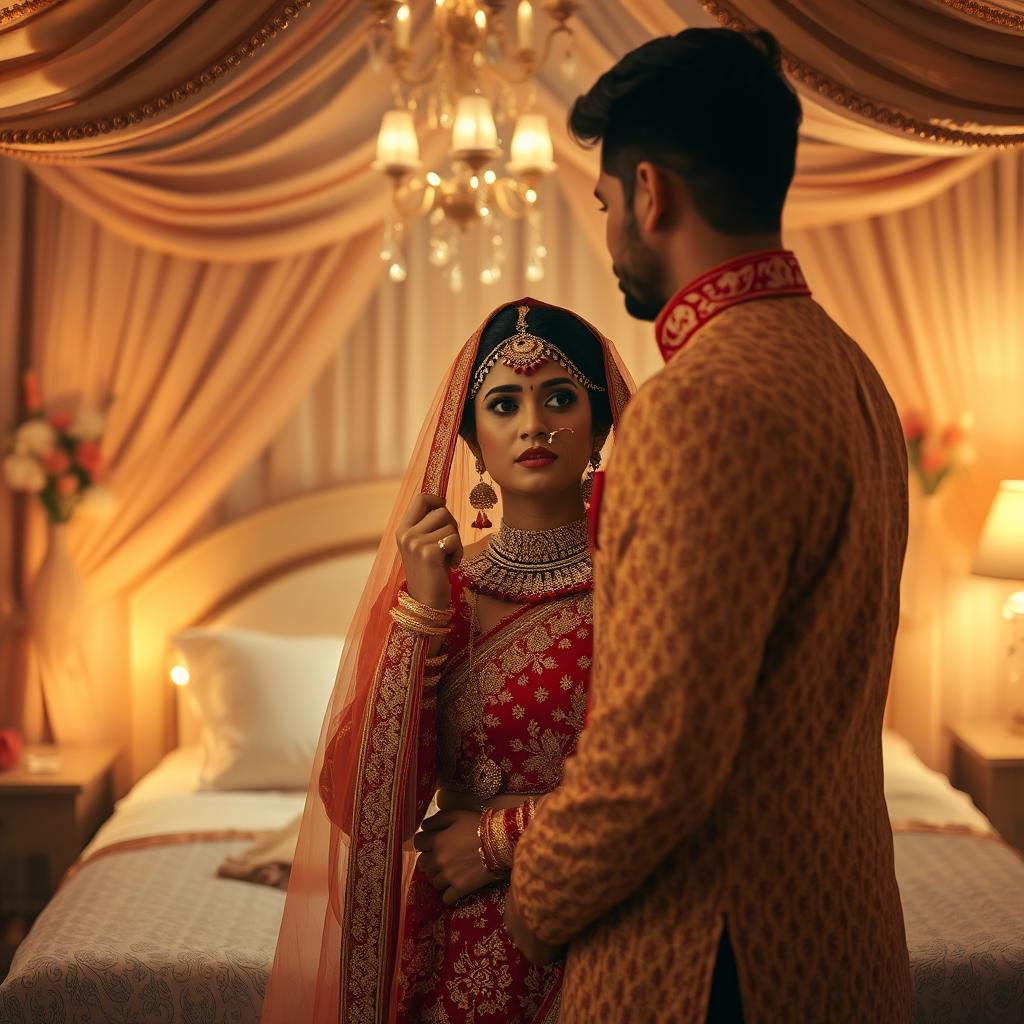 An intimate and romantic scene depicting an Indian bride on her first night, wearing a beautifully intricate red and gold wedding lehenga, adorned with traditional jewelry including heavy earrings and a maang tikka