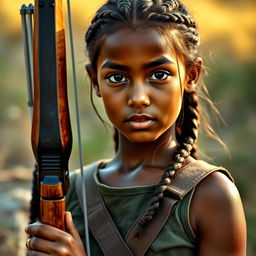 An Arabic girl portrayed as a hunter, wearing a military-style tank top