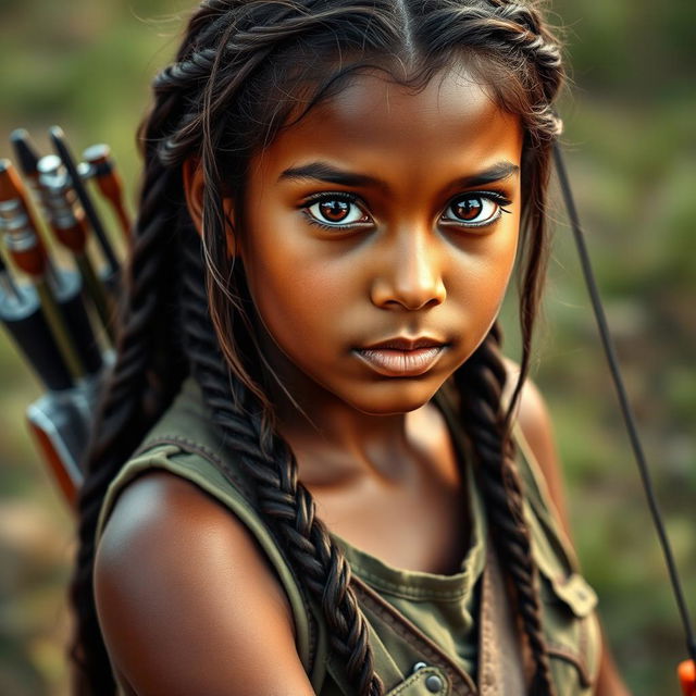 An Arabic girl portrayed as a hunter, wearing a military-style tank top