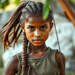 An Arabic girl portrayed as a hunter, wearing a military-style tank top