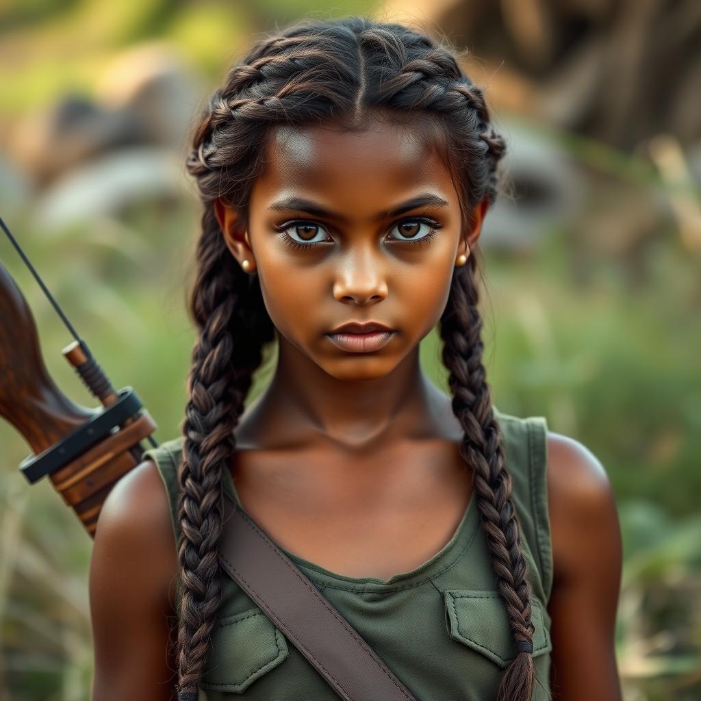 An Arabic girl portrayed as a hunter, wearing a military-style tank top