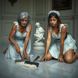 A poignant scene featuring two sad maids, one 50 years old and the other 20 years old, both in bikini maid outfits, on their hands and knees scrubbing a floor