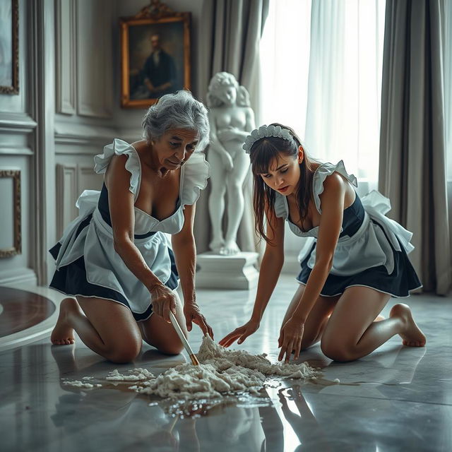 A poignant scene featuring two sad maids, one 50 years old and the other 20 years old, both in bikini maid outfits, on their hands and knees scrubbing a floor