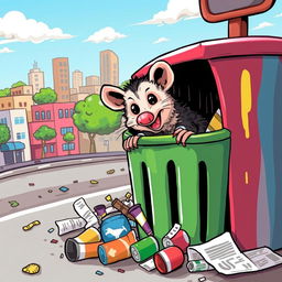 A lively and humorous illustration of a saruê (opossum) rummaging through a colorful trash can in an urban setting