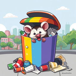 A lively and humorous illustration of a saruê (opossum) rummaging through a colorful trash can in an urban setting