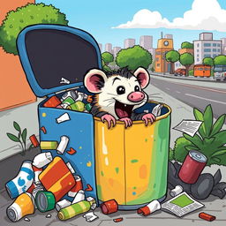 A lively and humorous illustration of a saruê (opossum) rummaging through a colorful trash can in an urban setting
