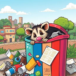 A lively and humorous illustration of a saruê (opossum) rummaging through a colorful trash can in an urban setting