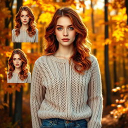 A young woman with wavy red or light hair, fair skin, and green or blue eyes