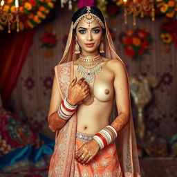 A stunning nude Indian bride adorned with intricate mhendi (henna) designs on her hands and feet, showcasing traditional Indian bridal jewelry, including a maang tikka and bangles, in a lavish setting filled with vibrant colors and motifs
