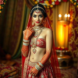 A stunning nude Indian bride adorned with intricate mhendi (henna) designs on her hands and feet, showcasing traditional Indian bridal jewelry, including a maang tikka and bangles, in a lavish setting filled with vibrant colors and motifs