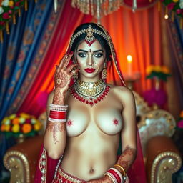 A stunning nude Indian bride adorned with intricate mhendi (henna) designs on her hands and feet, showcasing traditional Indian bridal jewelry, including a maang tikka and bangles, in a lavish setting filled with vibrant colors and motifs