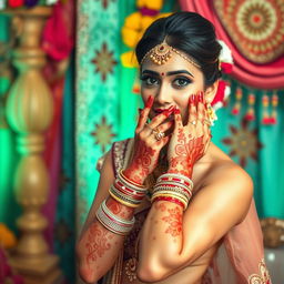 A stunning nude Indian bride adorned with intricate mhendi (henna) designs on her hands and feet, showcasing traditional Indian bridal jewelry, including a maang tikka and bangles, in a lavish setting filled with vibrant colors and motifs