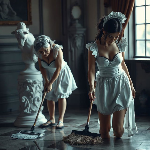 A poignant scene featuring two sad maids, one 40 years old and the other 20 years old, both wearing bikini maid outfits as they scrub the floor