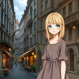 A girl with straight or wavy light-colored hair and blue or green eyes, dressed in an elegant mid-length dress