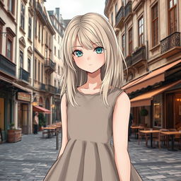 A girl with straight or wavy light-colored hair and blue or green eyes, dressed in an elegant mid-length dress