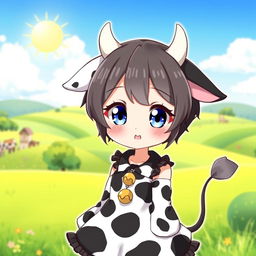 A whimsical anime girl with cow characteristics, such as cute cow ears and a playful cow tail
