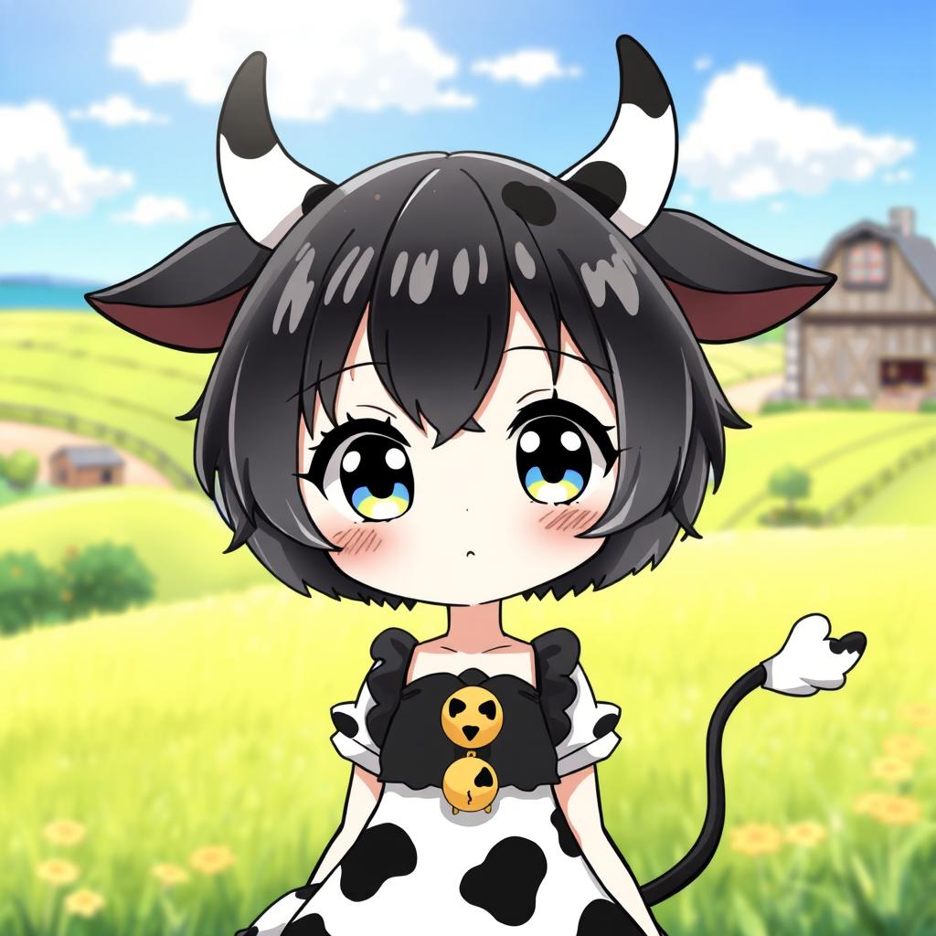 A whimsical anime girl with cow characteristics, such as cute cow ears and a playful cow tail