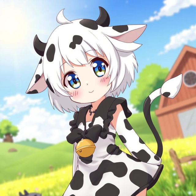 A whimsical anime girl with cow characteristics, such as cute cow ears and a playful cow tail