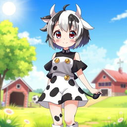 A whimsical anime girl with cow characteristics, such as cute cow ears and a playful cow tail