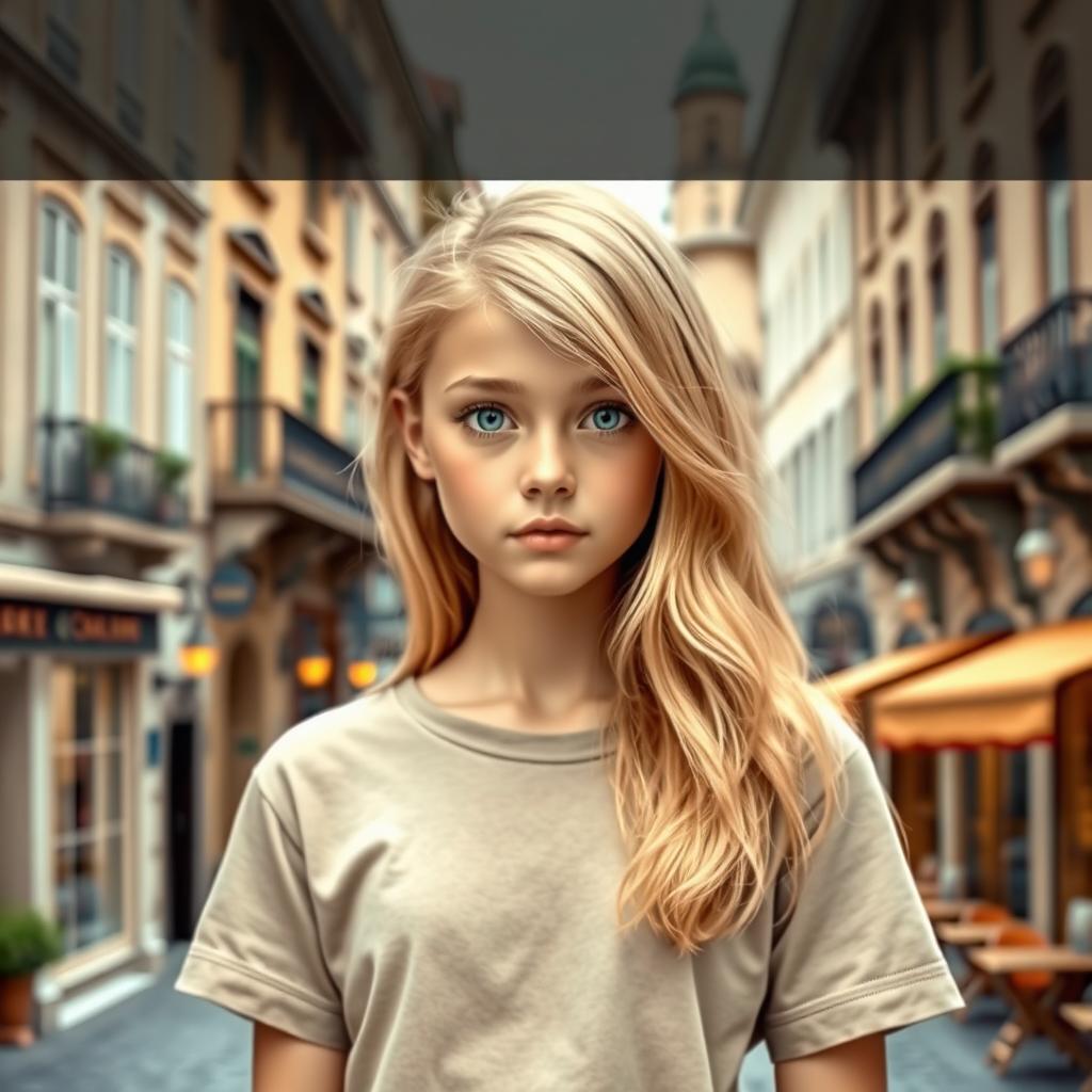A beautiful girl with either straight or wavy blonde hair and striking blue or green eyes, dressed in a casual t-shirt