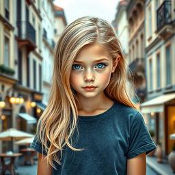 A beautiful girl with either straight or wavy blonde hair and striking blue or green eyes, dressed in a casual t-shirt