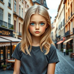 A beautiful girl with either straight or wavy blonde hair and striking blue or green eyes, dressed in a casual t-shirt