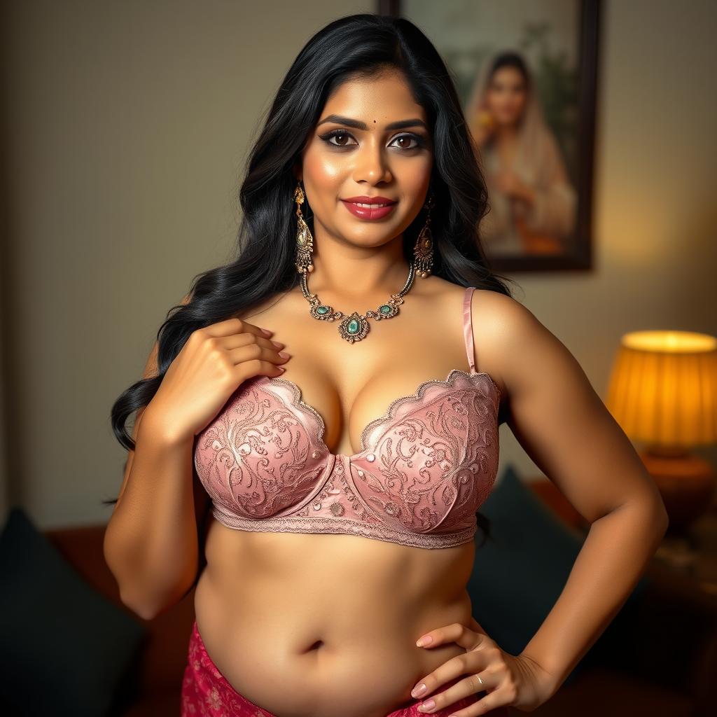 A sexy, voluptuous Indian bhabhi (sister-in-law), confidently posing in an elegant lace bra, exuding charm and allure