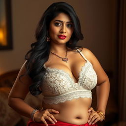 A sexy, voluptuous Indian bhabhi (sister-in-law), confidently posing in an elegant lace bra, exuding charm and allure