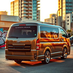 A sleek and stylish Toyota Hiace van parked against a vibrant urban backdrop