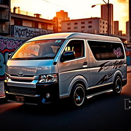 A sleek and stylish Toyota Hiace van parked against a vibrant urban backdrop