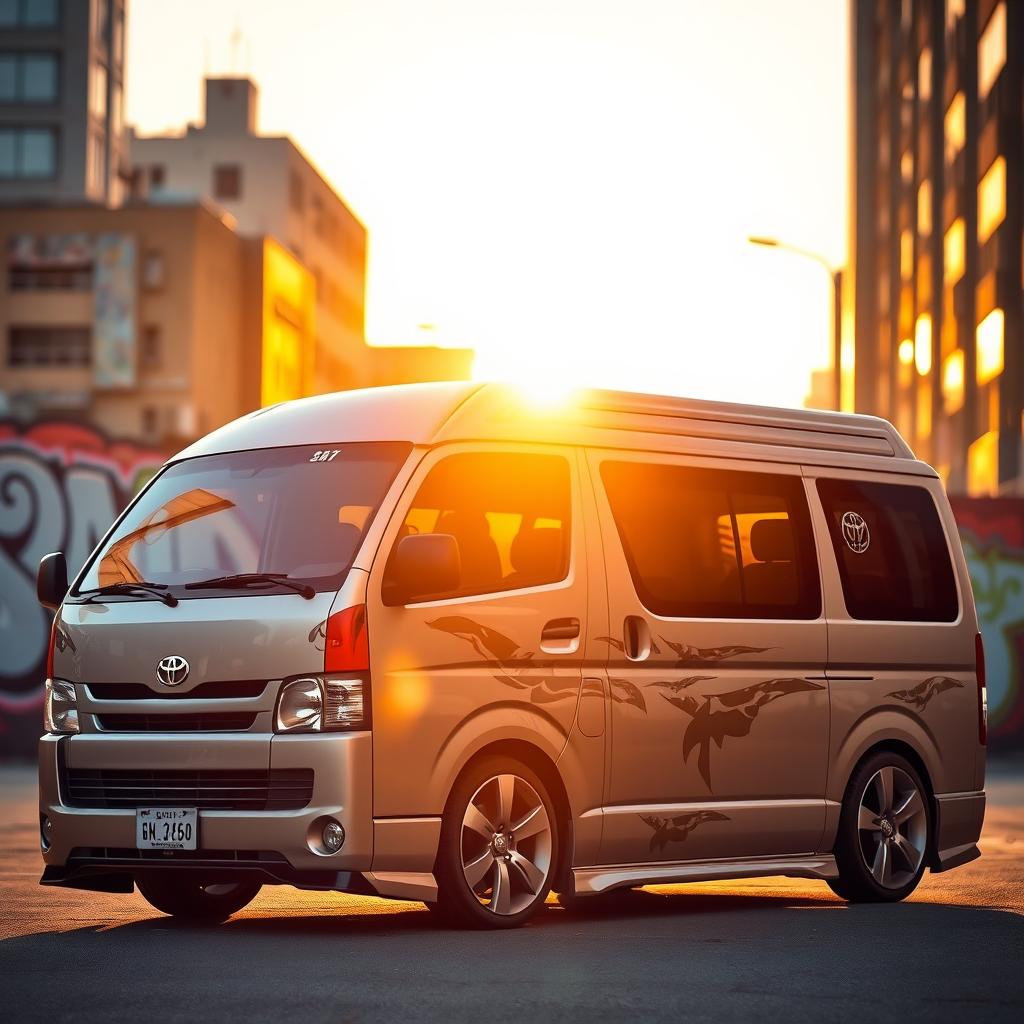 A sleek and stylish Toyota Hiace van parked against a vibrant urban backdrop