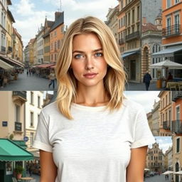 A woman aged 30-35 with straight or wavy blonde hair and blue or green eyes, wearing a t-shirt