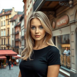 A woman aged 30-35 with straight or wavy blonde hair and blue or green eyes, wearing a t-shirt