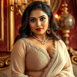 A sexy and voluptuous Indian bhabhi (sister-in-law) elegantly posing in a stylish outfit that gently accentuates her curves, with a hint of allure in her demeanor